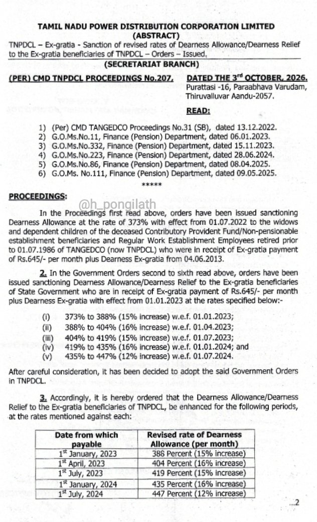 h_pongilath's tweet photo. TamilNadu Power Distribution Corporation Ltd - Secretariat Branch (October 03, 2026) - Ex-gratia - Sanction of revised rates of Dearness Allowance/Dearness Relief to the Ex beneficiaries of #TNPDCL - Orders - Issued 
#TNEB #TNGECL #TNPGCL #TANTRANSCO #TamilNadu https://t.co/hpzYQbbMeL