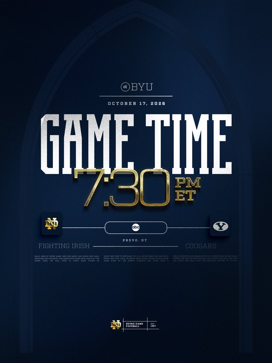 NDFootball's tweet photo. Schedule update 📆

Our game at BYU will kick off at 7:30 PM ET on ABC.

#GoIrish☘️ https://t.co/pWJMShhE1r