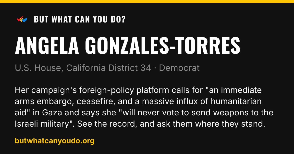 bwcyd_org's tweet photo. Same party. Same ballot. Opposite marks.

CA-34: Jimmy Gomez (D) ✗, backed with $1.7M by PACs we track. Angela Gonzales-Torres (D) ✓.

CA-14: Melissa Hernandez (D) ✗, backed with $830K. Aisha Wahab (D) ✓.

The party is settled. This question is not. #ArmsEmbargo #CA34 https://t.co/iaNBjaeDFH