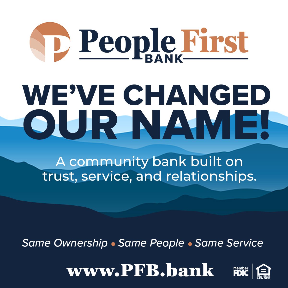 pfb_bank's tweet photo. It’s official!
Today, we are People First Bank

Our name has changed, but the things that matter most have not.

Same ownership. Same people. Same service. 

Welcome to People First Bank.
#PeopleFirstBank https://t.co/vjucdegbZk