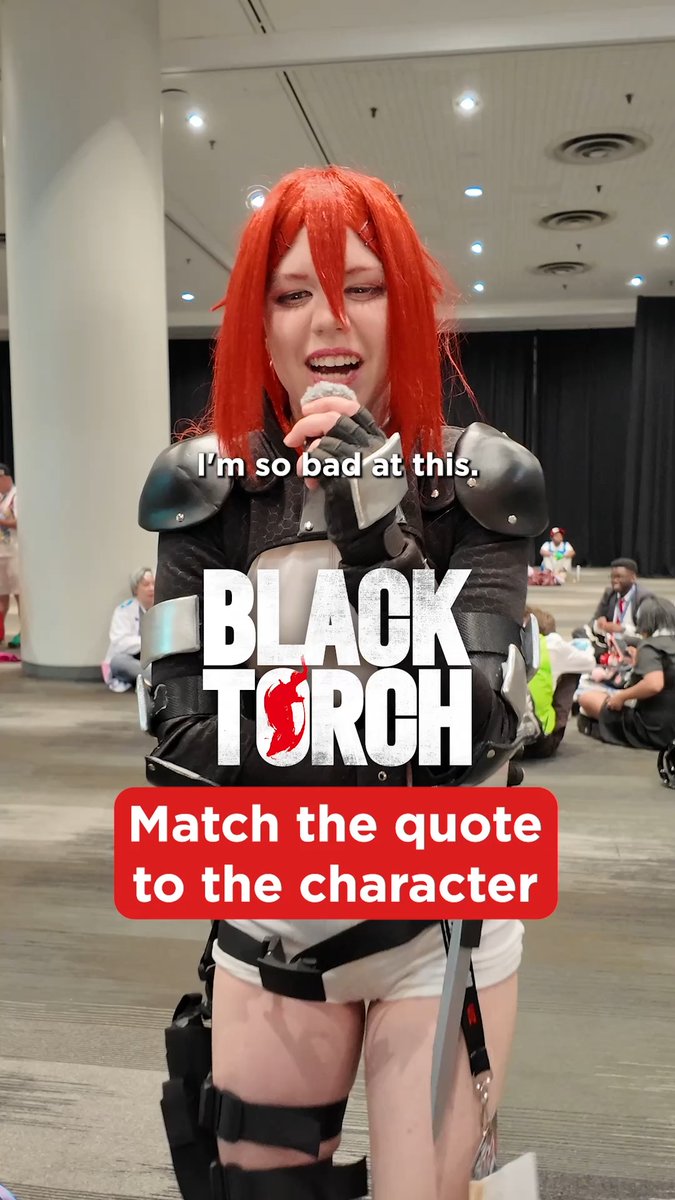 A red-haired cosplayer at what appears to be a convention laughs nervously while holding a microphone, with text overlay reading "I'm so bad at this" above the "BLACK TORCH" logo and a prompt to "Match the quote to the character." The image illustrates the post's premise of testing Black Torch fans' character knowledge, with the cosplayer's candid admission of struggling with the challenge.