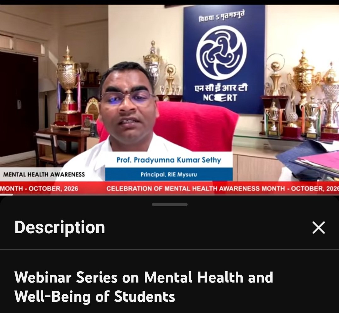 RIEMYSURU's tweet photo. As a part of the 'Mental Health Month' celebration, RIE Mysuru has planned a series of 10 Webinar Sessions from 5-9 and 12-16 October,26. Webinar was inaguated by the Principal RIE. Dr. Jidendra Nagpal was the expert. Prof. Vinod Kumar Sanwal and Prof. Anil Kumar K coordinated. https://t.co/YHp8MzjRBs