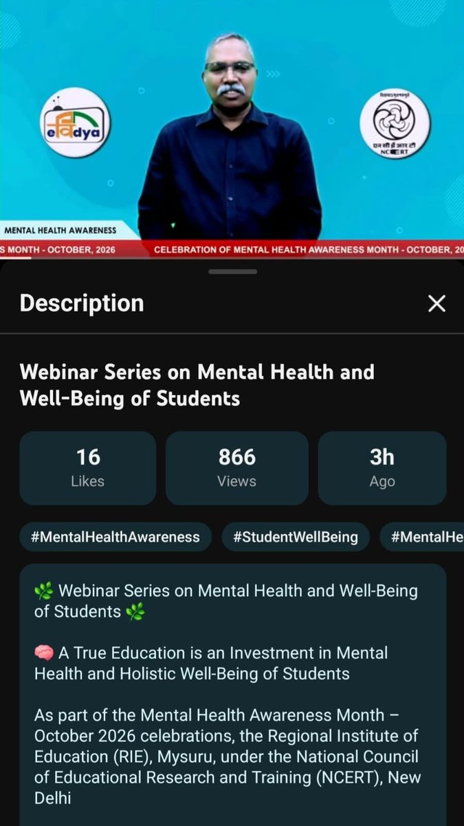 RIEMYSURU's tweet photo. As a part of the 'Mental Health Month' celebration, RIE Mysuru has planned a series of 10 Webinar Sessions from 5-9 and 12-16 October,26. Webinar was inaguated by the Principal RIE. Dr. Jidendra Nagpal was the expert. Prof. Vinod Kumar Sanwal and Prof. Anil Kumar K coordinated. https://t.co/YHp8MzjRBs