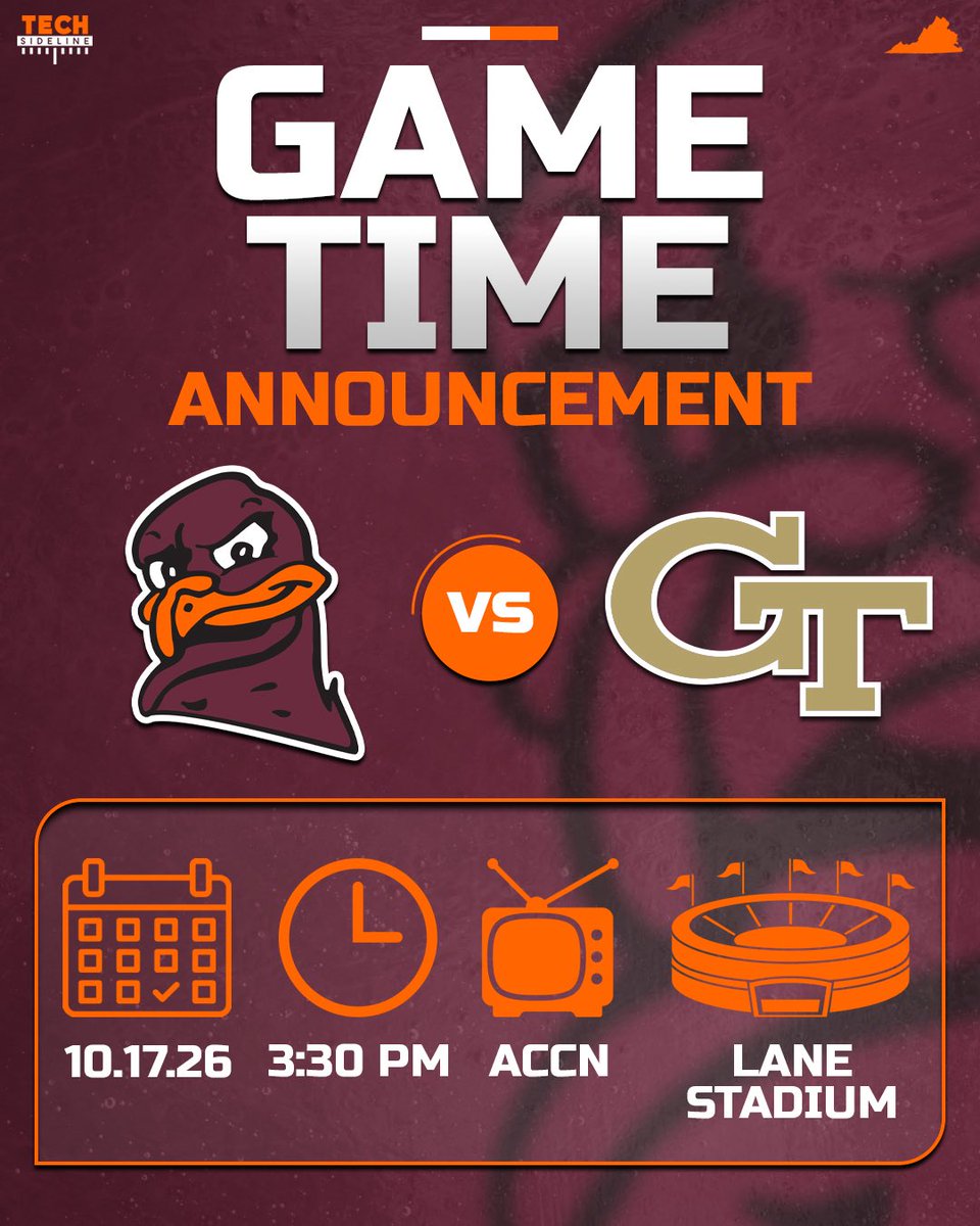 TechSideline's tweet photo. BREAKING: The ACC announces that Virginia Tech’s game vs. Georgia Tech on Oct. 17 will kick off at 3:30 p.m. on ACCN.

#Hokies https://t.co/h0lHkdkGfQ