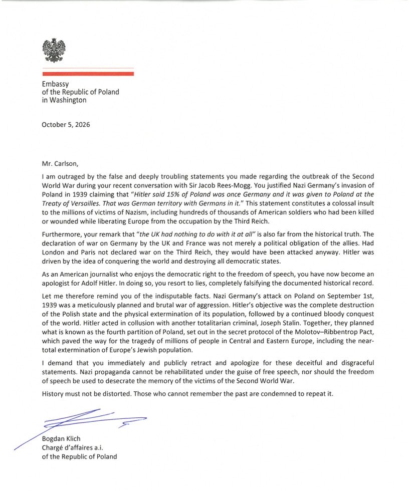 PolishEmbassyUS's tweet photo. Letter from CdA a.i. @BogdanKlich calling on @TuckerCarlson to publicly retract his outrageous statements and apologize for insulting Poles, British citizens, and, ultimately, the memory of the victims of the Shoah and all those who died in the fight against Nazism. https://t.co/OdCXHgZfNw