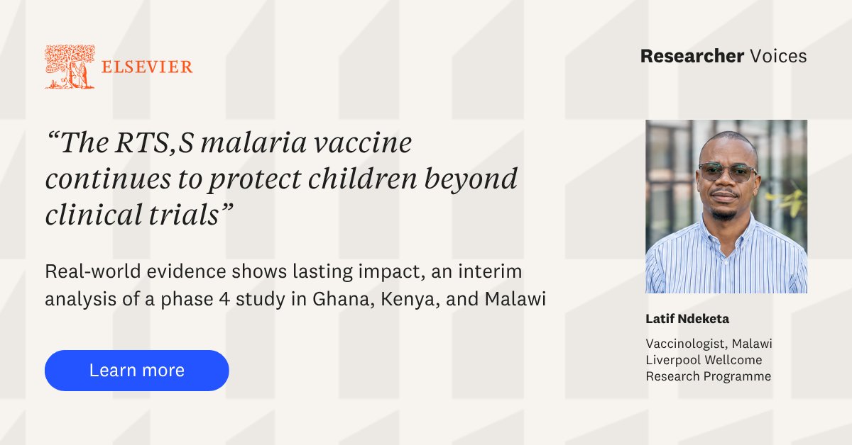 ElsevierConnect's tweet photo. The RTS,S malaria vaccine continues to protect children beyond clinical trials,” says Latif Ndeketa of @MLW_Programme.

A new study found lower malaria rates among vaccinated children after rollout in Ghana, Kenya, and Malawi. 

https://t.co/B0xZPaCWbv

#ResearcherVoices https://t.co/LJfOTzxsaP