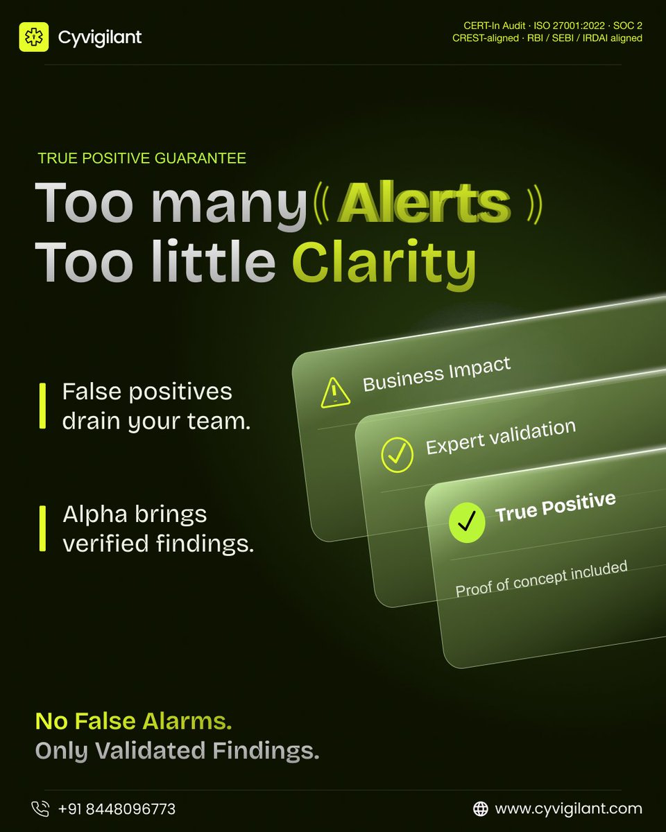 cyvigilant's tweet photo. More alerts don’t mean better security.

CyVigilant Alpha helps teams discover exposed assets, identify real vulnerabilities, and see attack paths from an attacker’s perspective.

Every finding is validated with evidence.

No false alarms. Only validated findings. https://t.co/oVxz75JG2x