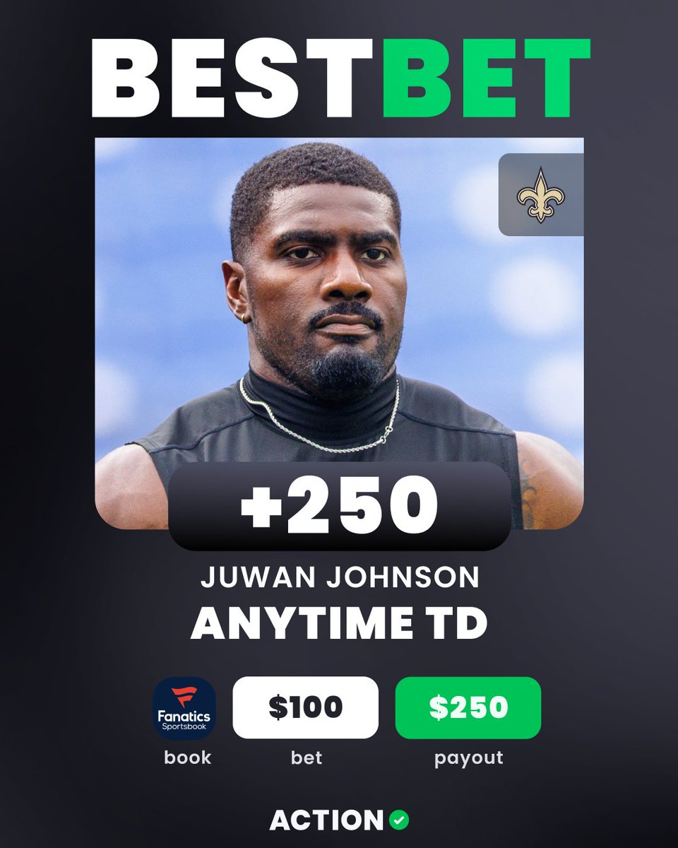 ActionNetworkHQ's tweet photo. 🏈 FALCONS vs SAINTS NFL MNF BEST BET

🚀 JUWAN JOHNSON ANYTIME TD
👇 Add Directly To Your Betslip
https://t.co/MfZoXjVPcx

🗣️ "Juwan Johnson has three touchdowns this season and is averaging 6.3 targets per game.

Johnson has been a huge part of the Saints' passing game, particularly in the red zone, with six red-zone targets and four of them in the end zone. Only Seahawks WR Jaxon Smith-Njigba has more end-zone targets than Johnson entering Week 4.

The Saints face a Falcons defense that has allowed six passing touchdowns this season, three to tight ends.

Johnson is coming off a two-touchdown performance against the Raiders — I'm riding with him tonight in the hopes he gets another touchdown in a plus matchup." @GDAWG5000