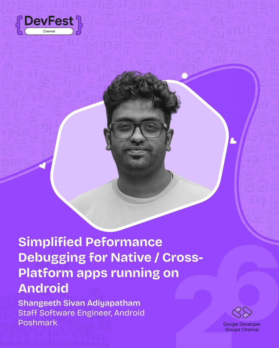 GDGChennai's tweet photo. Want to make your app faster?
Shangeeth Sivan, Staff Software Engineer at Poshmark, on performance debugging for native and cross-platform Android.
Oct 17. https://t.co/LCICMTtQjM
@GDGIndia
#GDGIndia #GDGChennai #DevFest #DevFestIndia #DevFest2026Chennai #DevFestChennai https://t.co/I464c0v59x