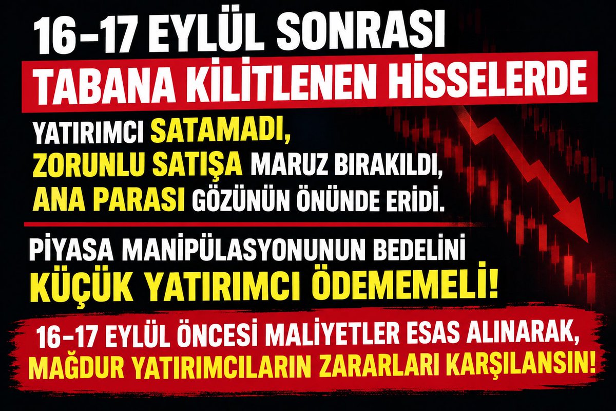Borsaayuer's tweet photo. Sayın Bakanım, 
41 hissede milyarlarca liralık manipülatif işlem tespit edildiğini ve suçtan elde edilen kaynakların TMSF havuzu üzerinden mağdurlara aktarılacağını açıkladınız. 

Bizler de bu hisselerde günlerce tabana kilitlenerek satış yapamayan, ana parası eriyen doğrudan hisse yatırımcılarıyız.

Talebimiz nettir: 16–17 Eylül öncesindeki olağan fiyatlar ve yatırımcıların gerçek maliyetleri dikkate alınarak zararlarımız tespit edilsin; manipülasyon nedeniyle oluşan kayıplarımız TMSF’de oluşturulan kaynaktan karşılanarak ANA PARAMIZ iade/tazmin edilsin. 

Zararını durdurabilmek için sonradan hissesini satmak zorunda kalan yatırımcılar da hak kaybına uğramasın.

Suçtan elde edilen kazanç mağdura dönüyorsa, borsada manipülasyonun bedelini ödeyen doğrudan hisse yatırımcısı da bu mağduriyet giderim mekanizmasının dışında bırakılmamalıdır.

 #YatırımcıMağduriyeti #DSTKF @abakingurlek @_cevdetyilmaz @RTErdogan #battık #hissemağdurları #HisseMagdurları #borsamağdurları #borsa #piyasa #endeks #dstkf #tehol #trhol #ozatd #selec #ktlev #battık #TeraVeHisseMağdurları #TeraHisseMağdurları #deprem #pazar #gt #tt #deprem #bist #tera #dstkf #ktlev #tehol #trhol