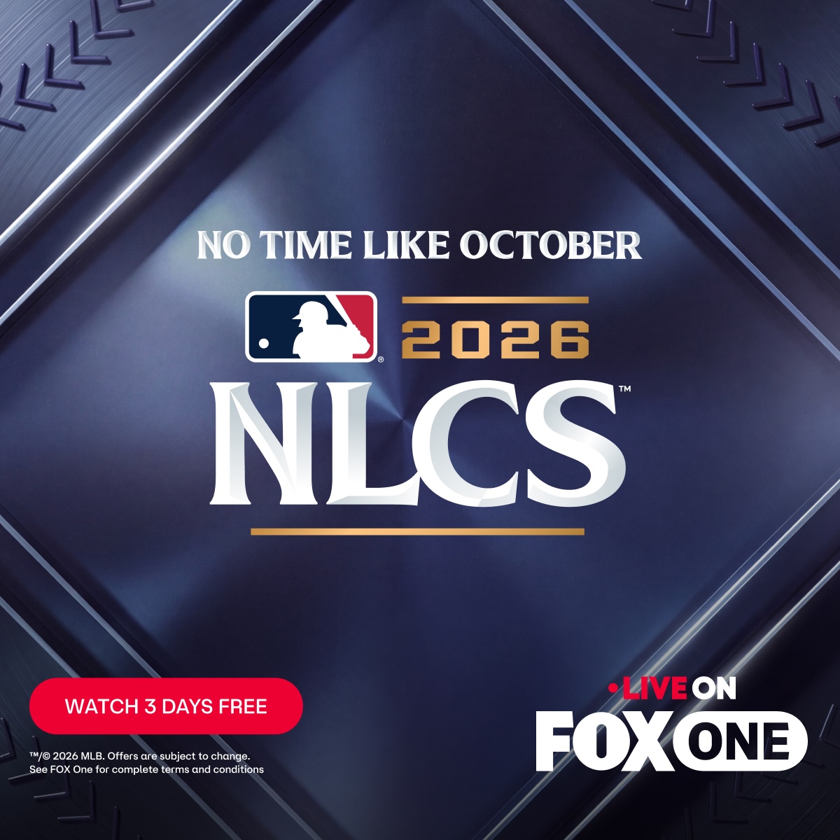 foxone's tweet photo. There’s no time like October. Stream the NLCS LIVE on FOX One. Watch 3 days free.