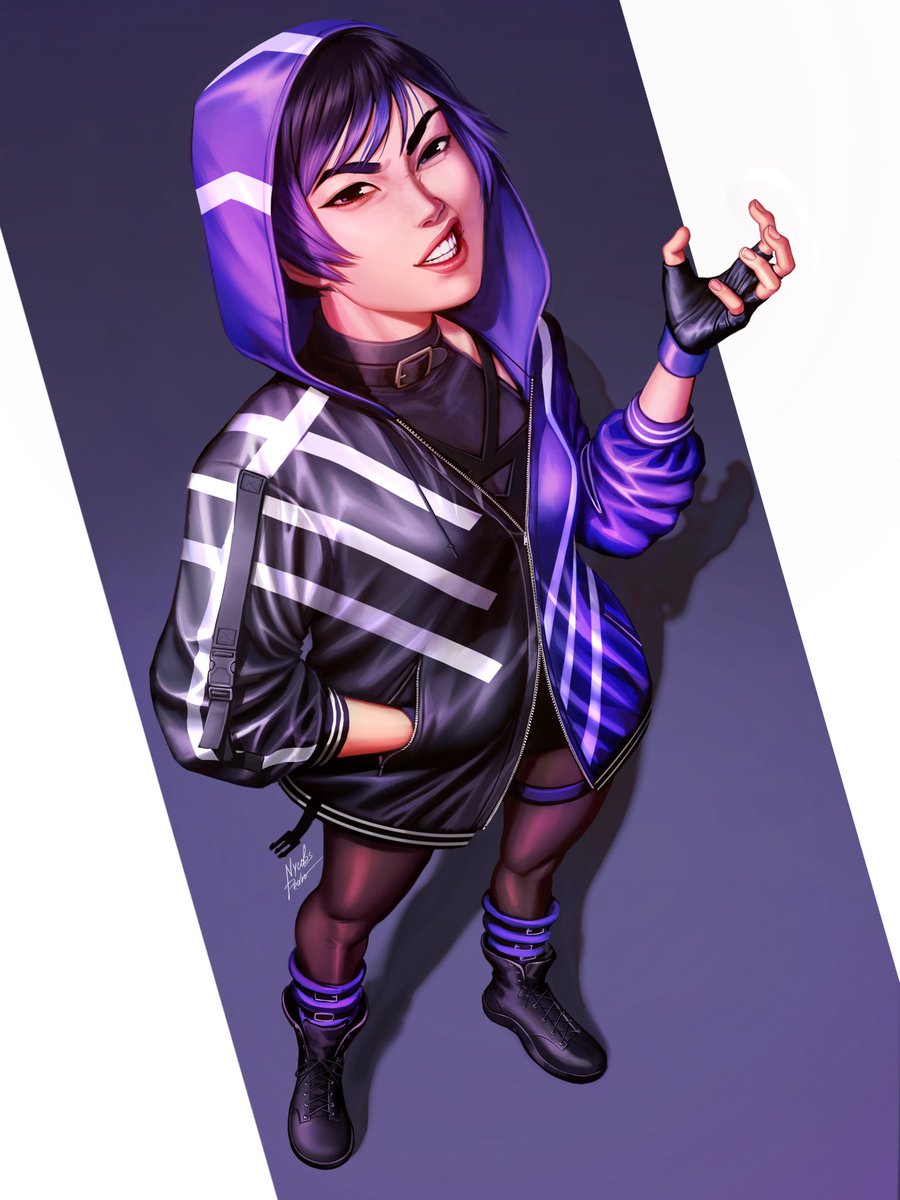 A digital illustration features a smiling character with purple hair wearing a striped jacket, hood up, and fingerless gloves.