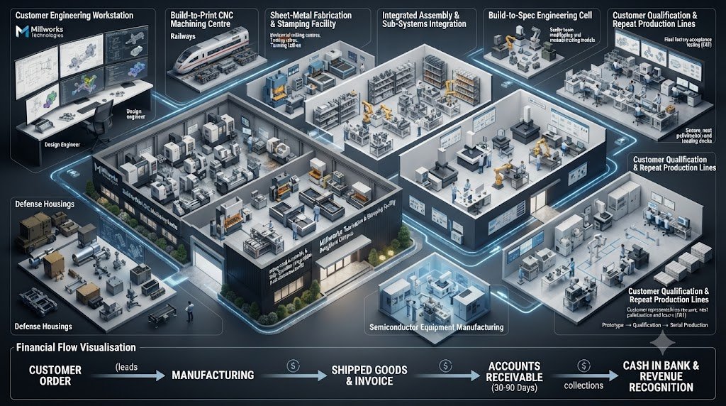 EyeOn_Trade's tweet photo. 📌 18. Millworks Technologies — Machining Supplier से Integrated Manufacturing Partner तक

Millworks Technologies की Bengaluru में 4 Manufacturing Facilities हैं।

कंपनी की मुख्य Capabilities हैं:

➡️ Precision Machining
➡️ Sheet Metal
➡️ Integrated Assemblies
और यह Railways, Aerospace, Defence तथा Semiconductor जैसे क्षेत्रों को Supply करती है।
📊 FY26:

Revenue — लगभग ₹148.8 करोड़
FY25 Revenue — लगभग ₹22 करोड़
PAT — लगभग ₹36.4 करोड़

यानी एक साल में Revenue में बहु��� तेज वृद्धि देखने को मिली।

🔹 कंपनी वास्तव में क्या करती है?
Millworks का एक महत्वपूर्ण Advantage है:
Build-to-Print + Build-to-Spec

Build-to-Print का मतलब है कि Customer की Drawing और Specifications के अनुसार Component को Manufacture करना।

जबकि Build-to-Spec में कंपनी Manufacturing Requirements को समझने, Specify करने और Manage करने में ज्यादा जिम्मेदारी लेती है।

यानी कंपनी सिर्फ Machine Shop की तरह काम करने के बजाय धीरे-धीरे Manufacturing Partner बनने की दिशा में बढ़ सकती है।

🔹 Acquisition से Capability Expansion

कंपनी ने Acquisitions के जरिए भी अपनी Manufacturing Capabilities बढ़ाई हैं।

लेकिन यहां एक महत्वपूर्ण चीज पर नजर रखना जरूरी है:

Receivables — लगभग ₹139 करोड़

इसलिए सिर्फ Revenue और PAT Growth देखना पर्याप्त नहीं है।

Cash Conversion और Receivables भी लगातार Track करने होंगे।

🎯 अगला बड़ा सवाल

क्या बढ़ा हुआ Manufacturing Base आगे चलकर:

Repeat Customer Programmes → Recurring Orders → Sustainable Revenue

में बदल पाएगा?

अगर Build-to-Spec Capability वास्तव में Engineering Ownership में बदलती है, तो कंपनी का सफर हो सकता है:

Machining Supplier → Integrated Manufacturing Partner

लेकिन यह Transition अभी पूरी तरह साबित होना बाकी है।

👀 Millworks की असली कहानी:

Capacity Expansion → Build-to-Spec → Customer Qualification → Repeat Programmes → Cash Conversion

Revenue तेजी से बढ़ा है, अब अगली परीक्षा होगी — क्या यह Growth टिकाऊ और Cash-Generating Growth बनती है?