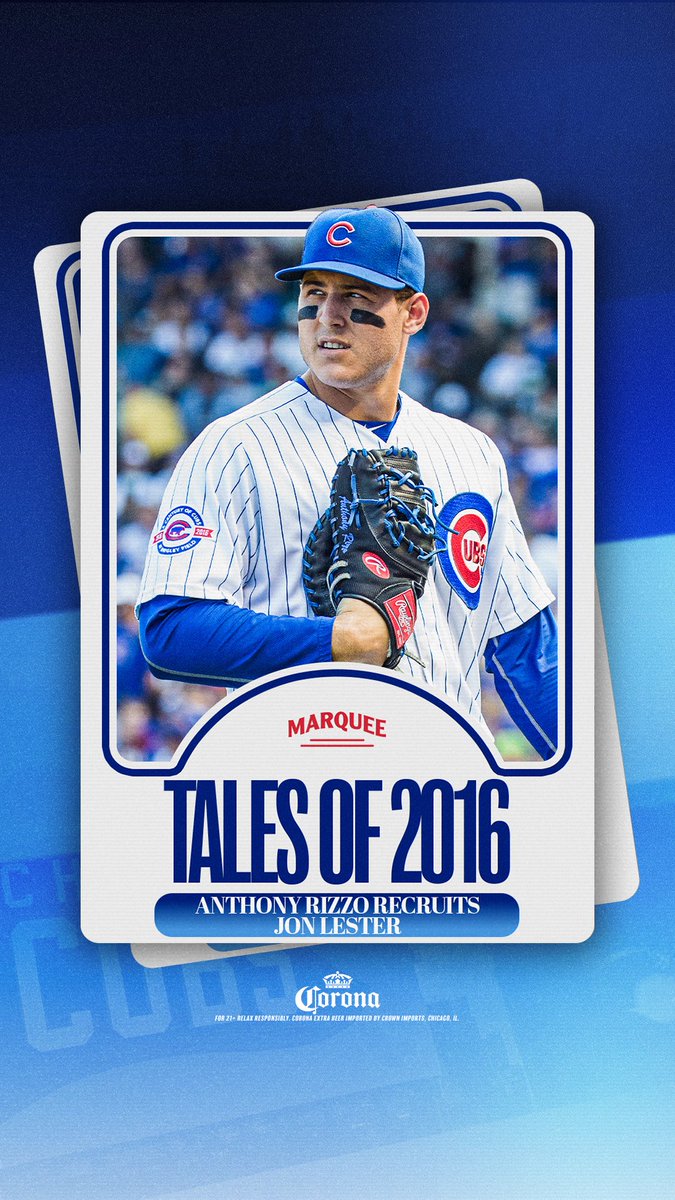 A Marquee promotional "Tales of 2016" baseball card featuring Chicago Cubs player Anthony Rizzo in his pinstriped Cubs uniform and glove, with the text "Anthony Rizzo Recruits Jon Lester" and Corona USA branding. The image ties into the post's story about Rizzo's rumored role in helping Theo Epstein recruit Jon Lester at the 2014 All-Star Game, teasing the upcoming Marquee premiere on November 3.