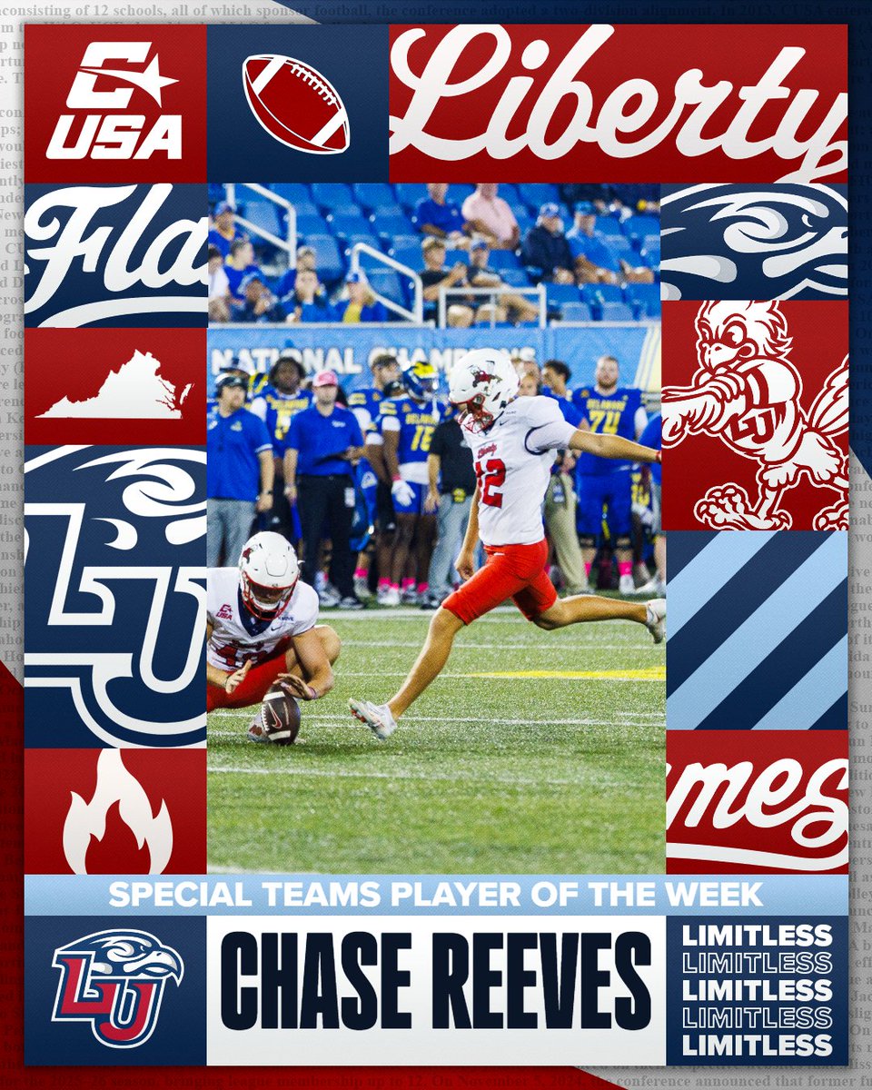 ConferenceUSA's tweet photo. 🏈 SPECIAL TEAMS PLAYER OF THE WEEK 🏈

🏅1⃣ Chase Reeves, @LibertyFootball 

#NoLimitsOnUs | https://t.co/SHMbceWpEw