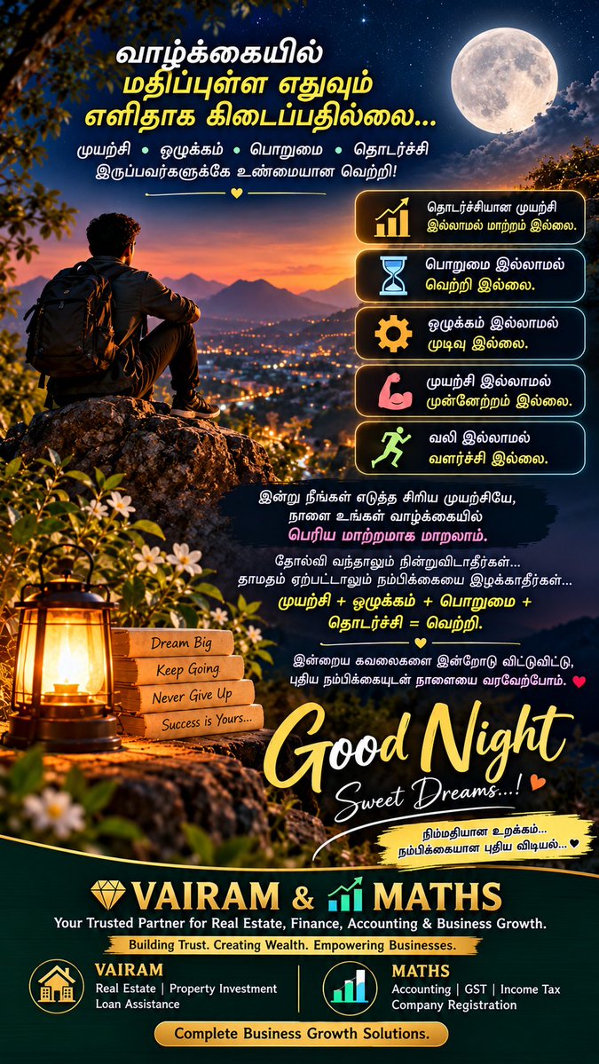 Propertiesloans's tweet photo. #GoodNight #GoodNightThoughts #NightMotivation #TamilMotivation #NothingIsFree #NoPainNoGain #HardWork #Effort #Discipline #Patience #Consistency #Success #Progress #Transformation #NeverGiveUp #PositiveThinking #SelfMotivation #LifeLessons #DreamBig #KeepGoing https://t.co/cihfVPYf08