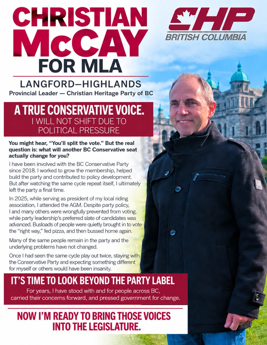 mccay_christian's tweet photo. Let me explain why voting for me or CHP BC is not simply โsplitting the vote. The real question is: what would electing another BC Conservative actually change for you? See my latest flyer going out below for an explanation. #LangfordHighlands #BCConservatives https://t.co/vE97es46ne