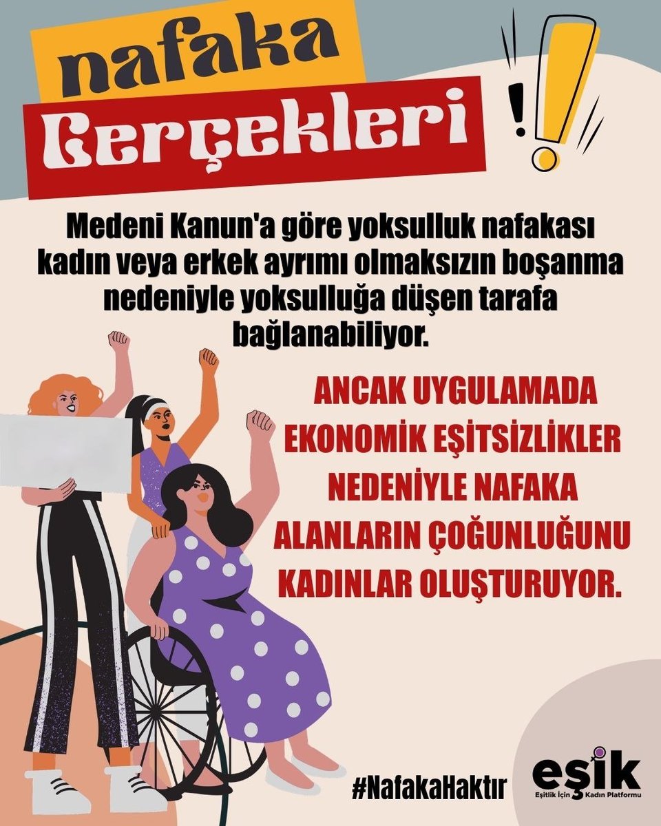 esikplatformu's tweet photo. 🟣 EŞİK-Nafaka Gerçekleri Kampanyası'nı herkese hatırlatmanın tam zamanı

⚖️ Anayasa Mahkemesi, boşanan kadınlara bağlanan yoksulluk nafakası ile ilgili "süresiz" ibaresini  neden iptal ettiğini açıkladı.

⚠️ Anayasa Mahkemesi, evliliğin ve boşanmanın kadınları tüm dünyada nasıl yoksullaştırdığından hiç söz etmiyor.

👉 Kendisine "nafaka mağdurları" diyen, gerçekte ağırlıklı olarak çocukların birikmiş iştirak nafakasını ödemek istemeyen "nafaka borçlusu" erkeklerin "anayasal hakları"ndan sözediyor.

📌 Anayasanın 10. maddesindeki kadın-erkek eşitliği ve 41. maddedeki ailede eşitlik maddelerini ise görmek istemiyor.

♀️ #EŞİK olarak mahkeme üyelerine, siyasetçilere ve tüm kamuoyuna nafaka gerçeklerini tekrar hatırlatmak istiyoruz. 

🚨 #NafakaGerçekleri -1

❓ Nafaka sadece kadınlara mı bağlanıyor?

⚖️ Medeni Kanun'a göre yoksulluk nafakası kadın veya erkek ayrımı olmaksızın boşanma nedeniyle yoksulluğa düşen tarafa bağlanabiliyor.

👉 Ancak uygulamada, kadını ev içi bakım emeğine hapseden toplumsal cinsiyet rolleri ve ekonomik eşitsizlikler nedeniyle nafaka alanların çoğunluğunu kadınlar oluşturuyor.

🚨 Unutmayalım ki, 1990 yılına kadar Medeni Kanun'un 159. maddesi, kadının çalışmasını kocasının iznine bağlıyordu. Anayasa Mahkemesi'nin iptal ettiği bu maddenin etkileri toplumun bir kesiminde etkisini sürdürüyor ve kadınların çalışması fiilen engelleniyor. 

📌 Güvenilirliği tartışmalı istatistiklere göre bile, kadınların istihdam oranı erkeklerin yarısından daha azdır: 

📍 Kadınlarda %32,5, erkeklerde %66,9*

📍 İncelenen boşanma davası dosyalarında erkeklerin %7’sinin, kadınların ise %47’sinin hiçbir geliri yoktu**.

Toplumsal cinsiyet ayrımcılığı ortadan kalktığında, aile içi bakım yükümlülüğünü erkekler de üstlenmeye başladığında boşanma nedeniyle yoksulluğa düşen erkek olursa, onlara da nafaka bağlanacaktır.

#NafakaHaktır #YasalaraDokunmaUygula

*Kaynak: TÜİK İstatistiklerde Kadın, 2025
**Kaynak: Kadın Dayanışma Vakfı, 2024 Yoksulluk Nafakası Araştırması, 16 il, 155 boşanma dosyası