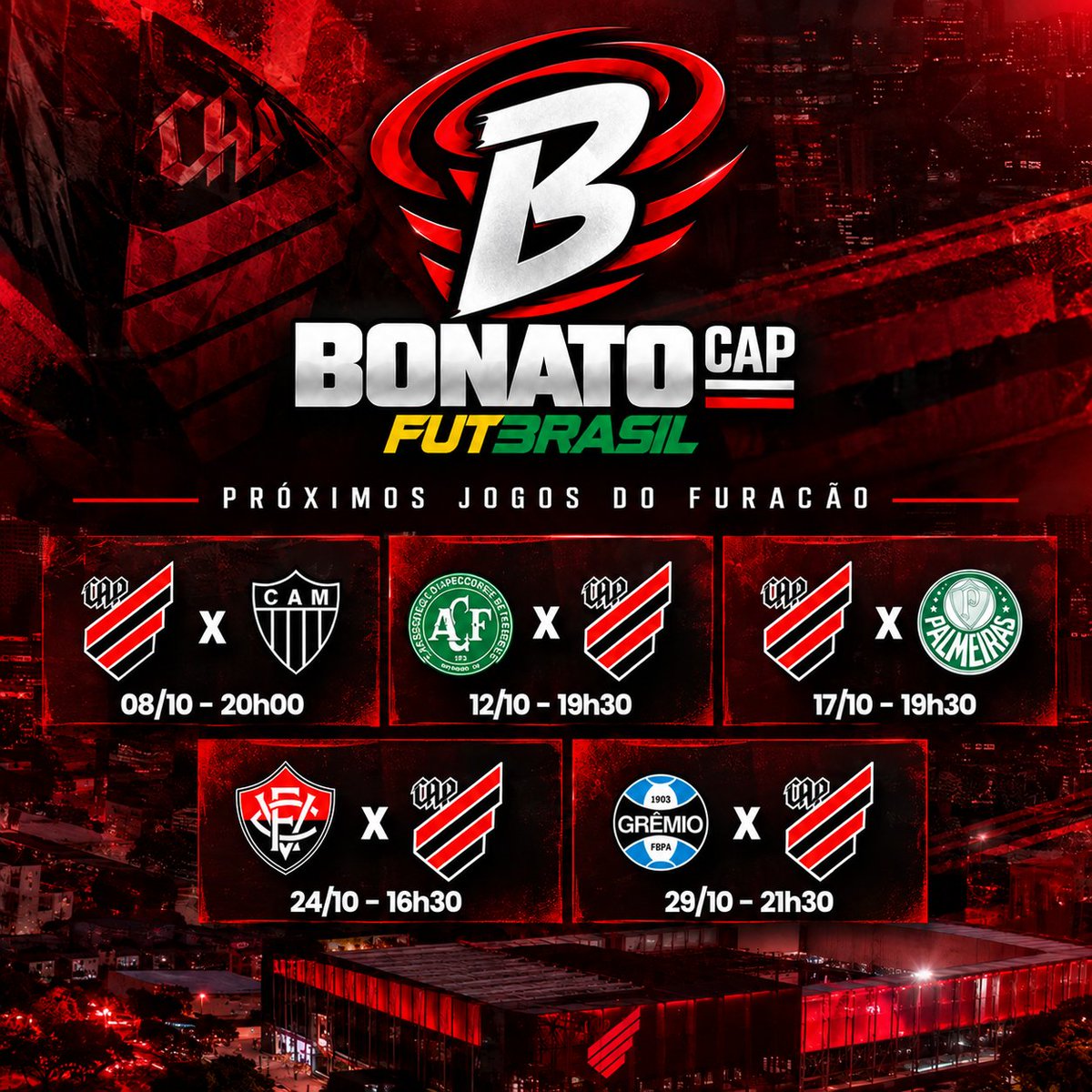 bonatocap's tweet photo. 🔥 PRÓXIMOS JOGOS DO FURACÃO! 🌪️

O Athletico Paranaense já tem uma sequência importante de partidas pela frente. Confira a agenda:

🏠 Athletico x Atlético-MG
📅 08/10 • ⏰ 20h

✈️ Chapecoense x Athletico
📅 12/10 • ⏰ 19h30

🏠 Athletico x Palmeiras
📅 17/10 • ⏰ 19h30

✈️ Vitória x Athletico
📅 24/10 • ⏰ 16h30

✈️ Grêmio x Athletico
📅 29/10 • ⏰ 21h30

🔴⚫ Cinco jogos, cinco desafios. O Furacão entra em uma sequência decisiva!

#Athletico #Furacão #AthleticoParanaense #Brasileirão #BonatoCAP #FutBrasil