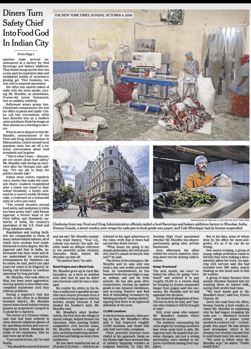 Tukaram_IndIAS's tweet photo. Good governance is not about making headlines. It is about making a difference.

Food safety is ultimately about protecting people, upholding standards and building public trust.

When enforcement is fair, fearless and consistent, institutions earn credibility and citizens begin to believe that the system works.

The New York Times captures one such story from Maharashtra.

#TukaramMundhe #GoodGovernance #PublicTrust #FoodSafety #PublicService #NYTimes