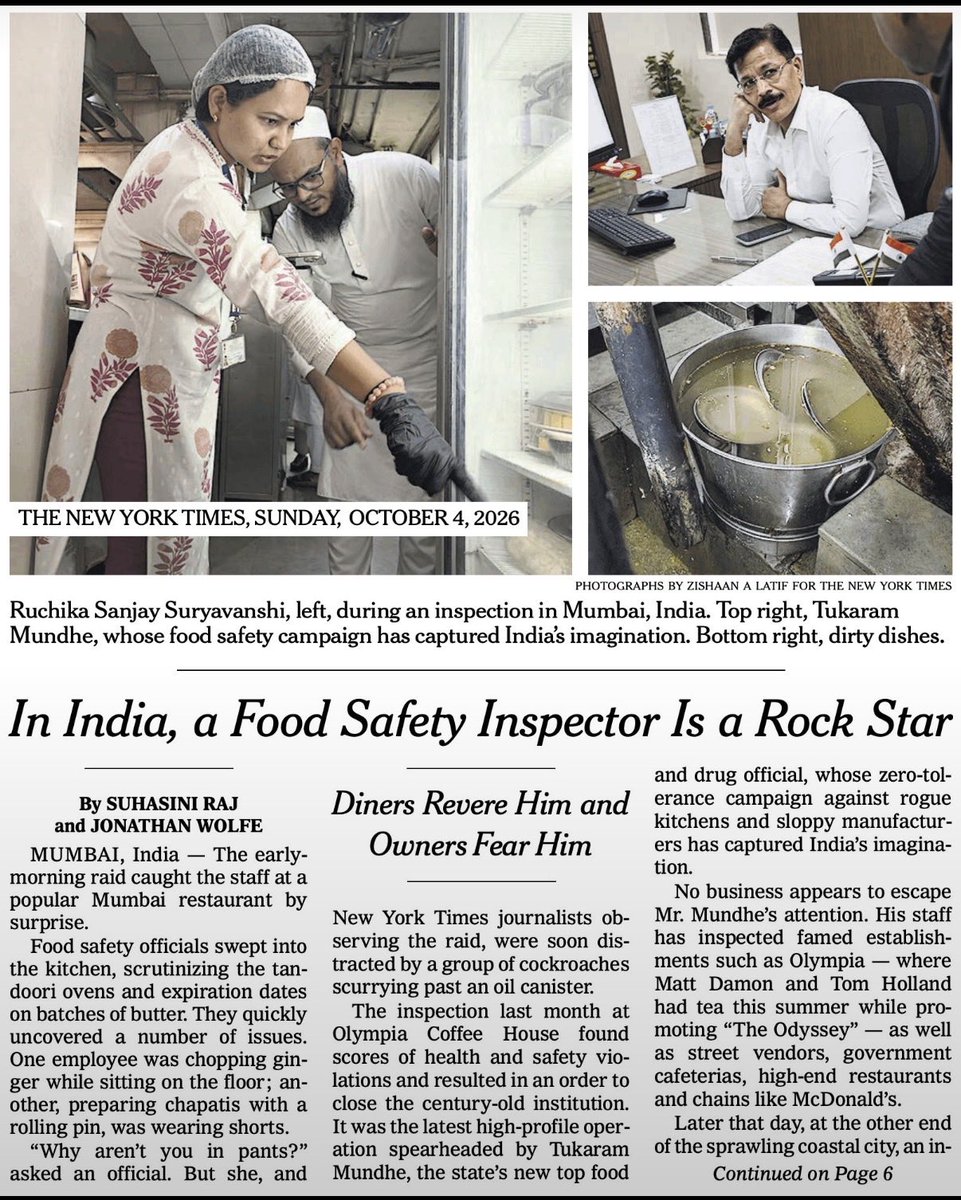 Tukaram_IndIAS's tweet photo. Good governance is not about making headlines. It is about making a difference.

Food safety is ultimately about protecting people, upholding standards and building public trust.

When enforcement is fair, fearless and consistent, institutions earn credibility and citizens begin to believe that the system works.

The New York Times captures one such story from Maharashtra.

#TukaramMundhe #GoodGovernance #PublicTrust #FoodSafety #PublicService #NYTimes