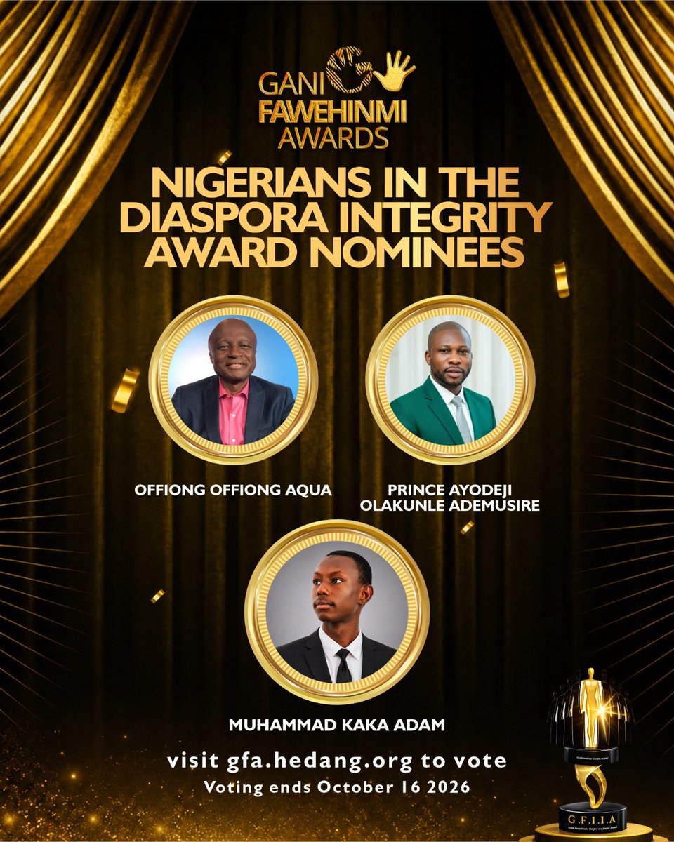 HEDAgenda's tweet photo. 11 DAYS TO GO! 
NIGERIANS IN DIASPORA INTEGRITY AWARD nominees are waiting for YOU to crown the level of impact they’ve made.
Make their voice stand out. 
Vote for your nominee.
Visit https://t.co/gzuyTuL60h
#GFIIA2026 https://t.co/VX7YlF0Ebj
