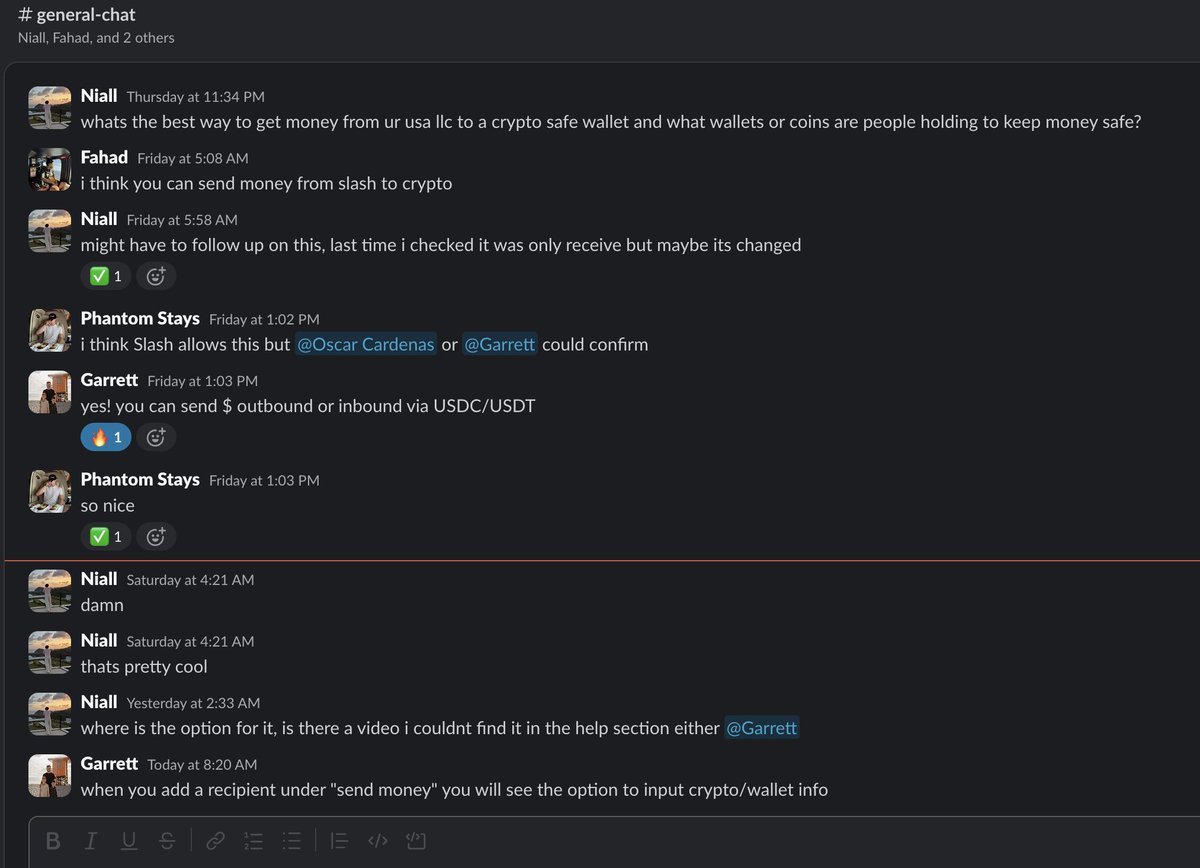 PhantomStays's tweet photo. sending USD to a crypto cold/dex wallet from your US LLC has never been easier

@slashapp for the win once again. love the niche conversations that go on in Phantom between business owners. never know what gold is going to be dug up next

If you have any type of operational question, 99% of the time it has been answered inside Phantom by other vetted founders

We really have built the reddit+country club of online business. 1,100 members now, it only gets better with time.