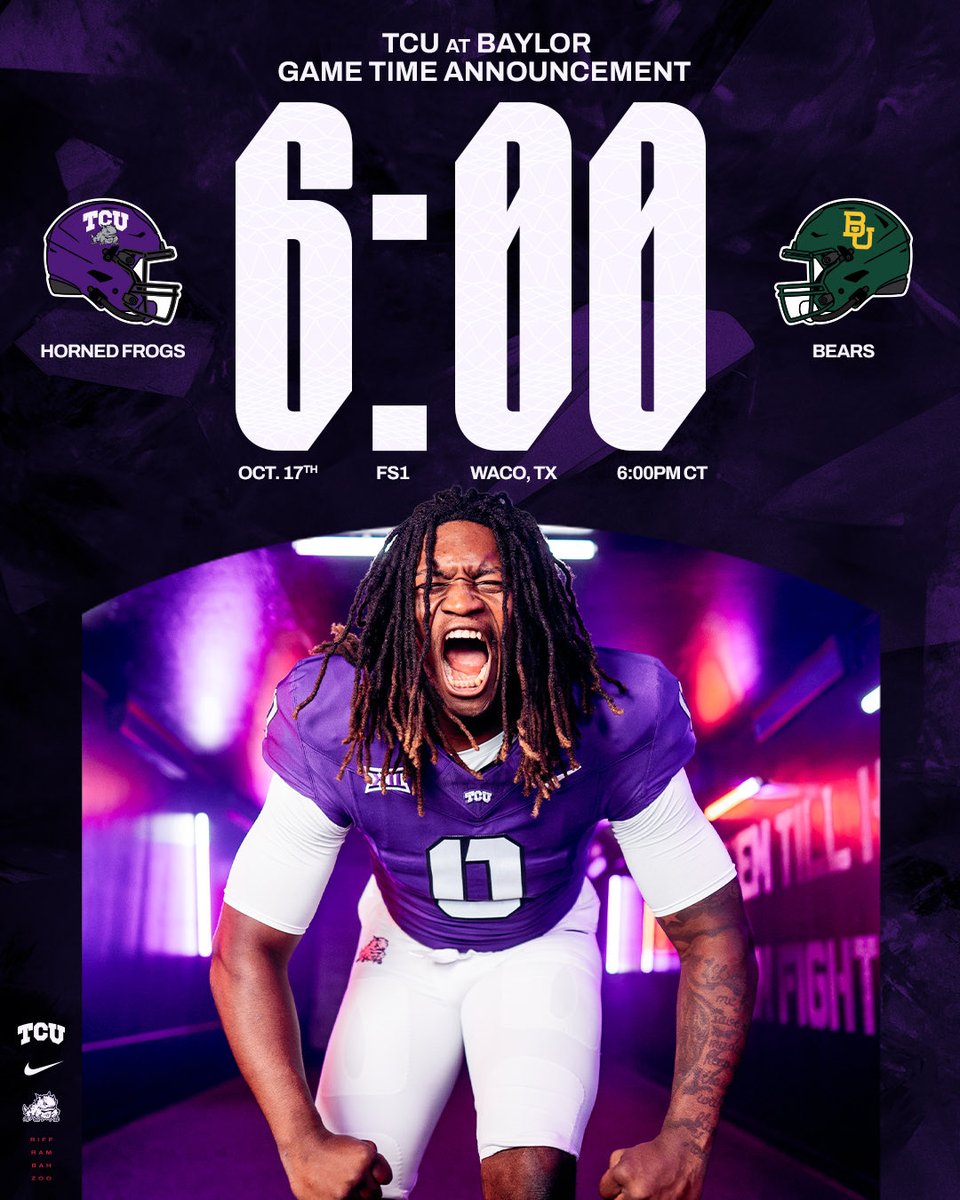 TCUFootball's tweet photo. 🚨 GAME TIME ANNOUNCEMENT 🚨 

Our next game on Oct. 17th at Baylor will kickoff at 6:00PM CT on FS1‼️

#GoFrogs 🐸 #ForTheWorthy https://t.co/CL88BRgEfF