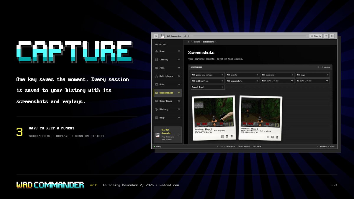 level0x40's tweet photo. WAD Commander v2.0 launches Monday, November 2 at 22:00 CET. Play classic PC, DOS, Amiga and C64 games in your browser, solo or multiplayer, keep the moments that matter as screenshots and replays, and share them with people who love the same games. https://t.co/GzO6FYLptd https://t.co/I8K6xoiI4b