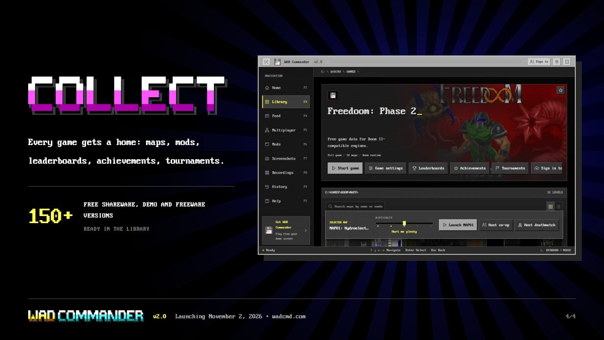 level0x40's tweet photo. WAD Commander v2.0 launches Monday, November 2 at 22:00 CET. Play classic PC, DOS, Amiga and C64 games in your browser, solo or multiplayer, keep the moments that matter as screenshots and replays, and share them with people who love the same games. https://t.co/GzO6FYLptd https://t.co/I8K6xoiI4b