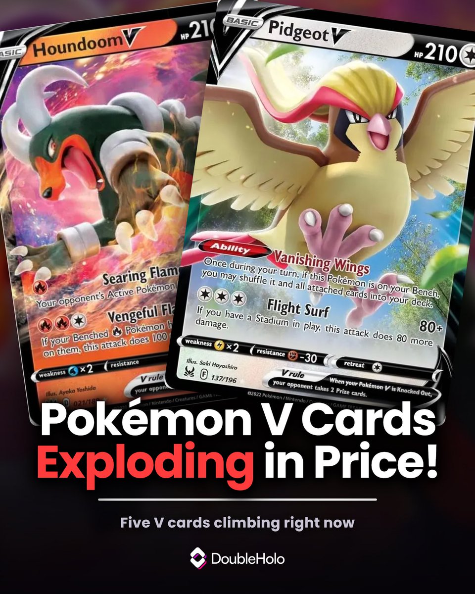 double_holo's tweet photo. Pokémon V from SWSH sets cards are climbing 📈
Are you holding any of these?
#tcgcollector #pokemoninvesting #swordandshield #doubleholo https://t.co/9c9AkSdmZ7