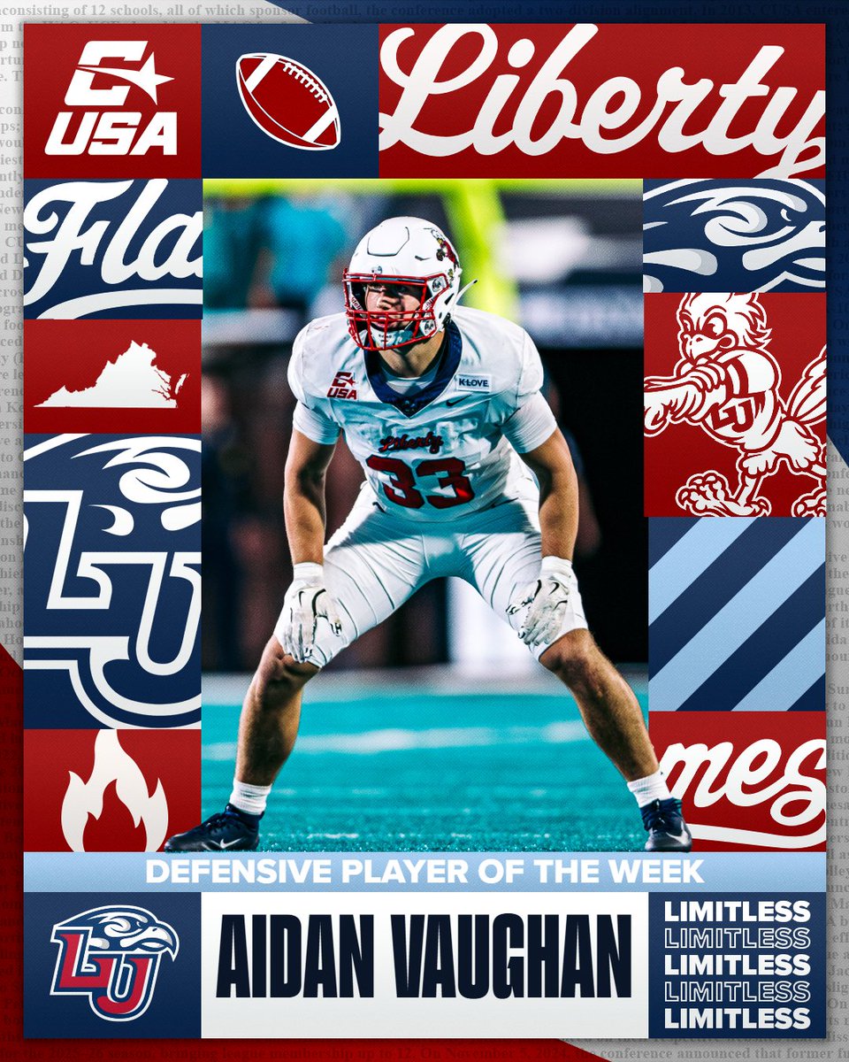 ConferenceUSA's tweet photo. 🏈 DEFENSIVE PLAYER OF THE WEEK 🏈

🏅1⃣ Aidan Vaughan, @LibertyFootball 

#NoLimitsOnUs | https://t.co/SHMbceWpEw