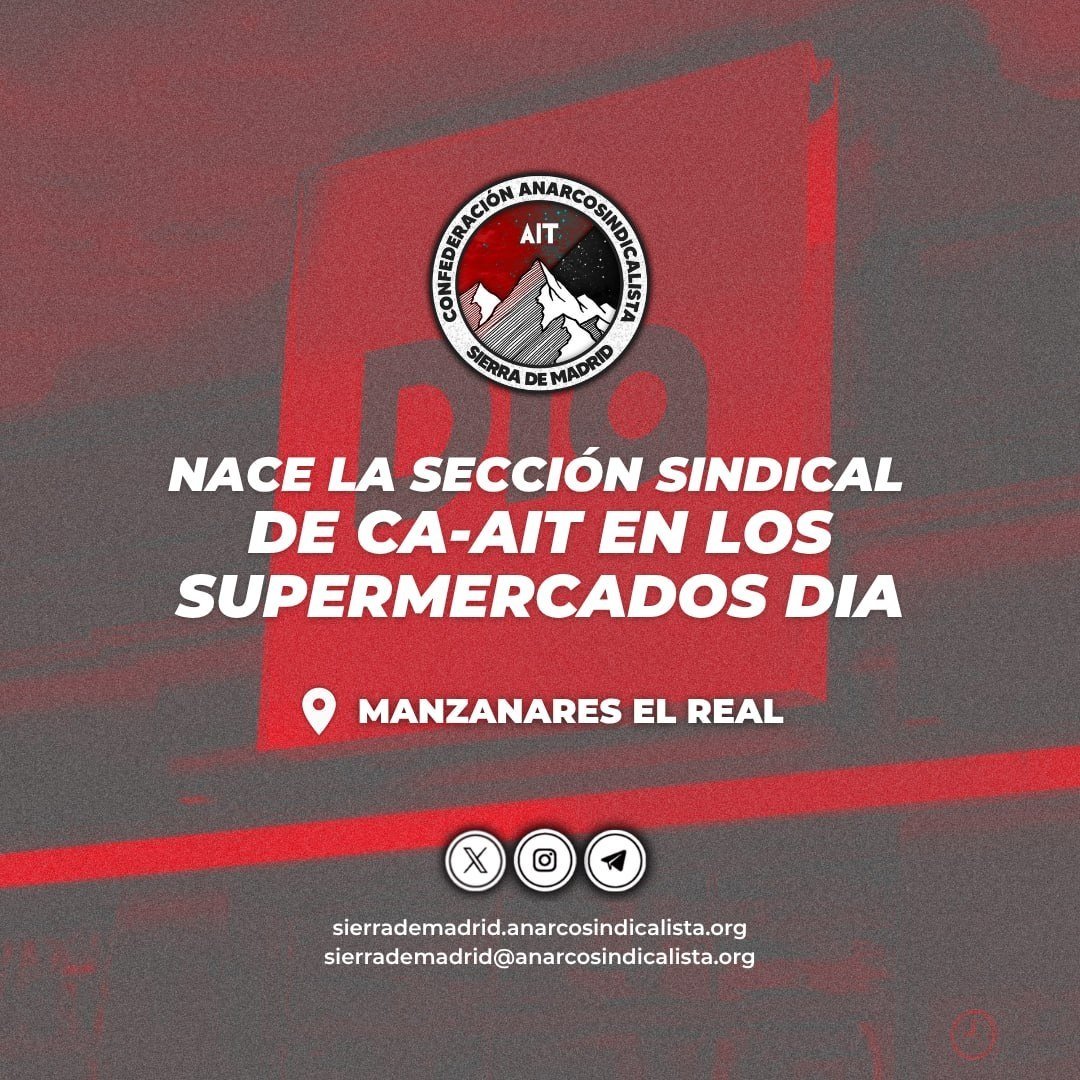 AITSierraMadrid's tweet photo. 🔴⚫️ SECCIÓN SINDICAL DIA

Recientemente hemos constituido una nueva sección sindical en la empresa de supermercados DIA, concretamente en su establecimiento de la población de Manzanares El Real. 

Estás son nuestras reivindicaciones 

Infórmate, participa y apoya https://t.co/fz4phQhTH7