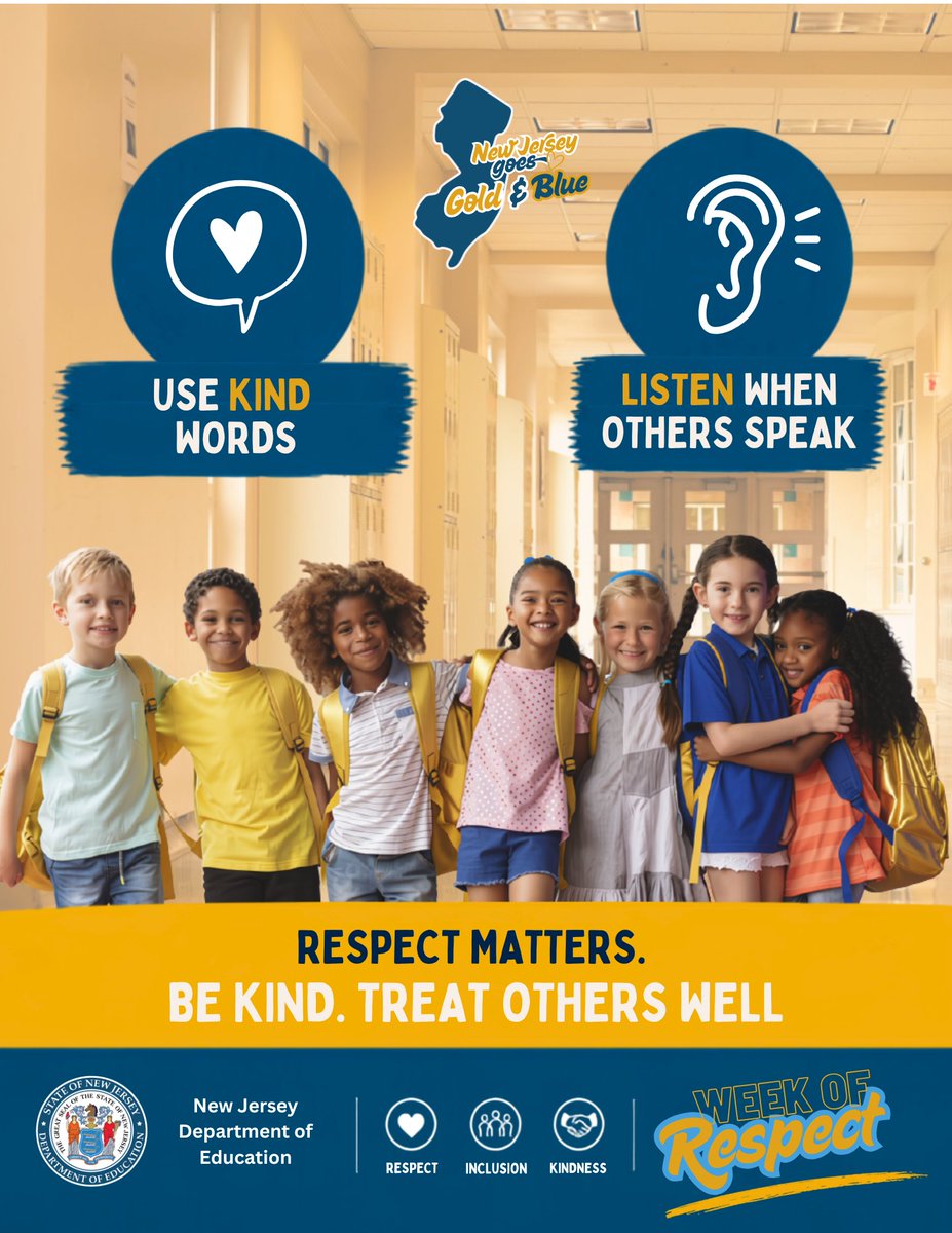NewJerseyDOE's tweet photo. Respect is the foundation of a positive school climate. Small choices—how we speak, listen, and act—make a difference. #NJWeekOfRespect https://t.co/Kf6y3pRTbO