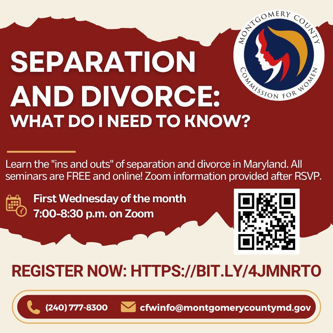 MoCoWomen's tweet photo. Join us on Wednesday, Oct. 7, for our virtual Separation and Divorce seminar. Learn about the ins and outs of getting divorced in Maryland from a local family law attorney. Register for FREE here: https://t.co/5MGaeztixS https://t.co/QGo9EiN8bE