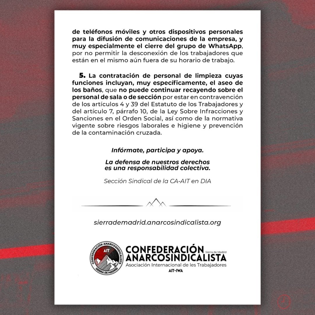 AITSierraMadrid's tweet photo. 🔴⚫️ SECCIÓN SINDICAL DIA

Recientemente hemos constituido una nueva sección sindical en la empresa de supermercados DIA, concretamente en su establecimiento de la población de Manzanares El Real. 

Estás son nuestras reivindicaciones 

Infórmate, participa y apoya https://t.co/fz4phQhTH7