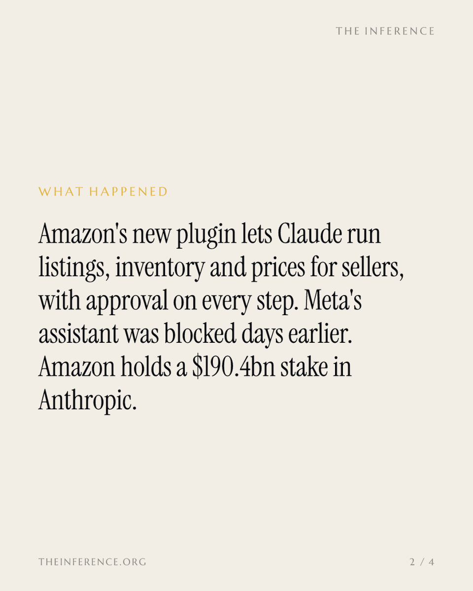 inference_org's tweet photo. Amazon opened its sellers' back office to one outside AI, Claude, days after locking Meta out. And Amazon owns a $190.4bn stake in Claude's maker.

https://t.co/CSvyKgmLzG https://t.co/auBvrH2O85
