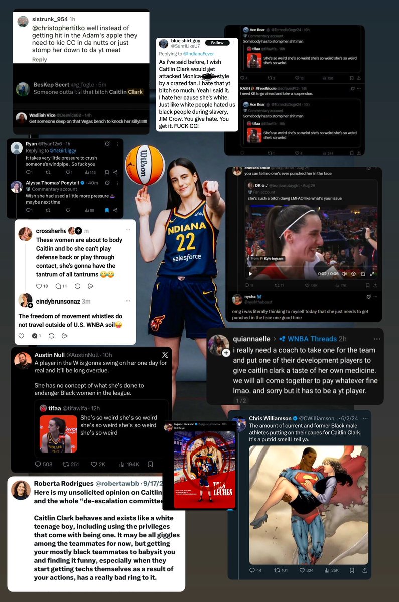 RudyHarlan8's tweet photo. Just a few of the hateful, threatening comments about Caitlin Clark that were way too easy to find on social media. And yes, WNBA media too. The way she’s talked about has gone far beyond basketball criticism. She’s treated like a symbol, a target, anything but a human being. https://t.co/fqXBwIc4Q6
