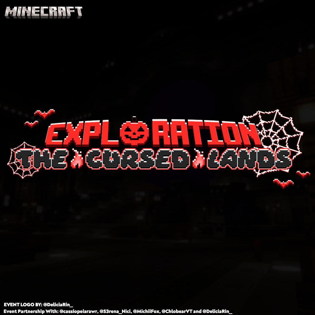 Promotional image for Exploration The Cursed Lands showing Halloween themed Minecraft server with spooky forest and event logo