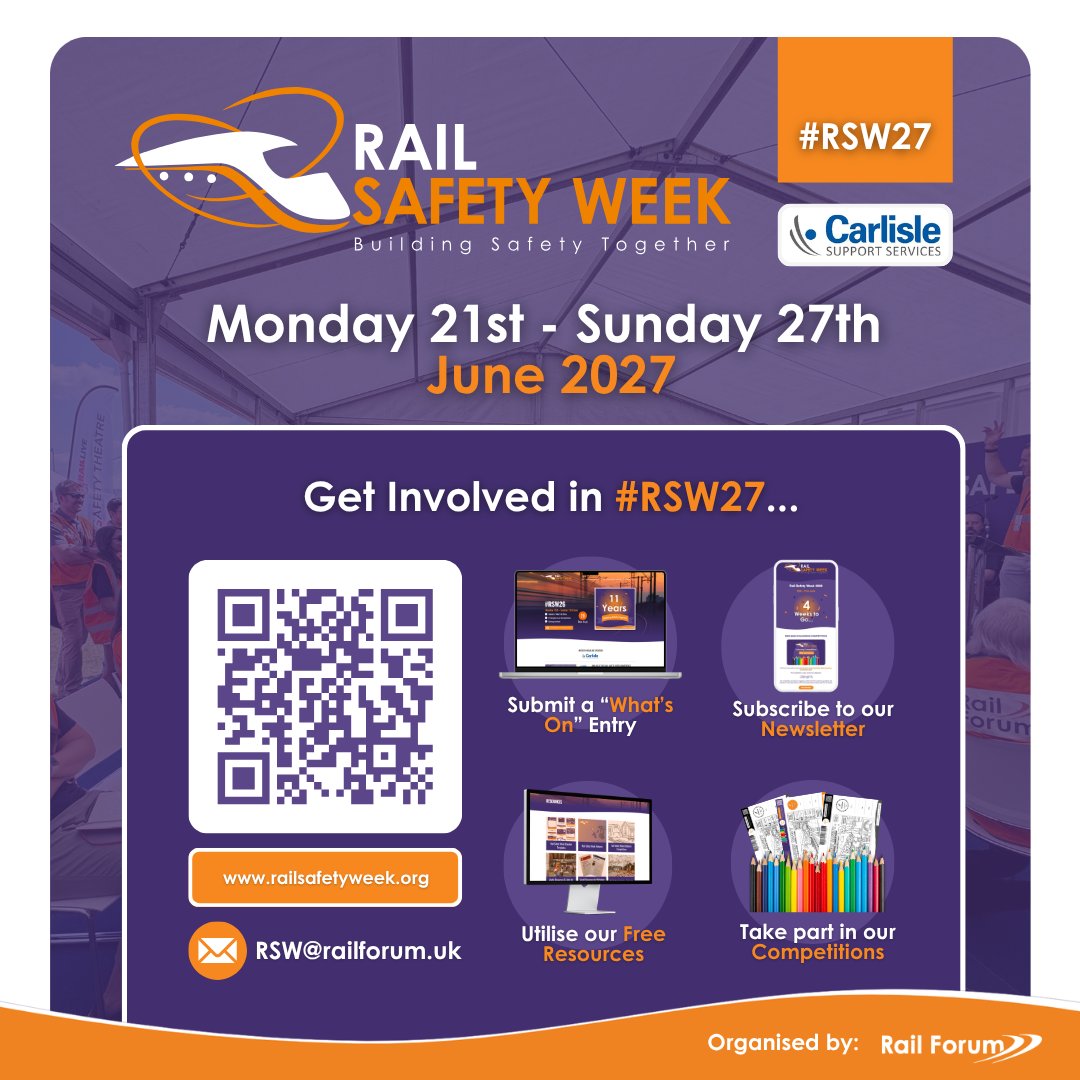 RailSafetyWeek's tweet photo. 🗓️ SAVE THE DATE | RAIL SAFETY WEEK 2027

We're delighted to announce that Rail Safety Week 2027 will take place from Monday 21st to Sunday 27th June 2027.

A huge thank you to our sponsor, @carlislesupserv🤝
---

Find out more about #RSW27 👇
https://t.co/U3lD9WSpIs https://t.co/NHgt36IebK