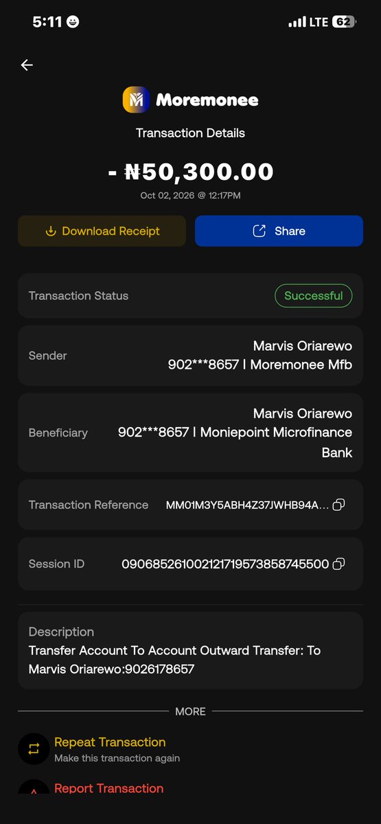 iammarv_0's tweet photo. @MoremoneeBank Why haven’t I received the money that I transfer from Moremonebank bank to my moniepoint account since on the 2nd of October 2026 https://t.co/IstyC4DKmc
