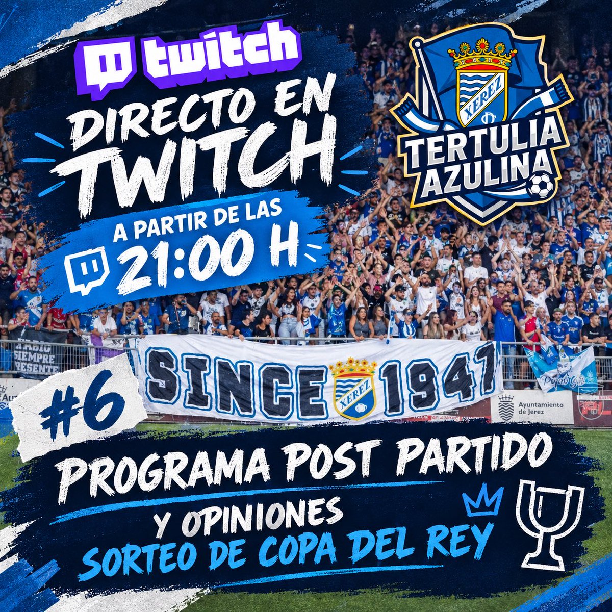 TertuliaAzulina's tweet photo. 📺 Hoy os esperamos en nuestro canal de Twitch a partir de las 21:00H, un programa especial donde comentaremos la primera victoria del Xerez en liga y del rival en el sorteo de Copa del Rey.

Os esperamos!!!
🔗https://t.co/5bzSaQAWIU https://t.co/KPatIL9Mou