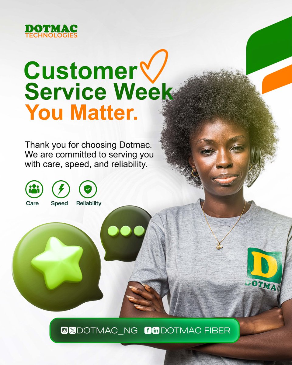dotmac_ng's tweet photo. Happy Customer Service Week! ๐
At Dotmac, every call, message, visit, and connection reminds us of one thing: YOU MATTER.
Thank you for trusting us to keep you connected, supported, and uninterrupted.
#CustomerServiceWeek #YouMatter #DotmacFiber #LiveUninterrupted https://t.co/uZnPYCKe3p
