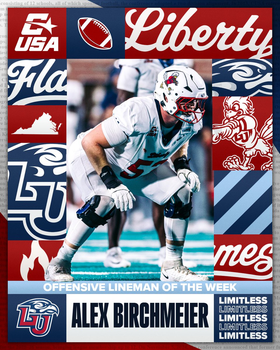 ConferenceUSA's tweet photo. 🏈 OFFENSIVE LINEMAN OF THE WEEK 🏈

🏅1⃣ @Alex_Birchmeier, @LibertyFootball 

#NoLimitsOnUs | https://t.co/SHMbceWpEw