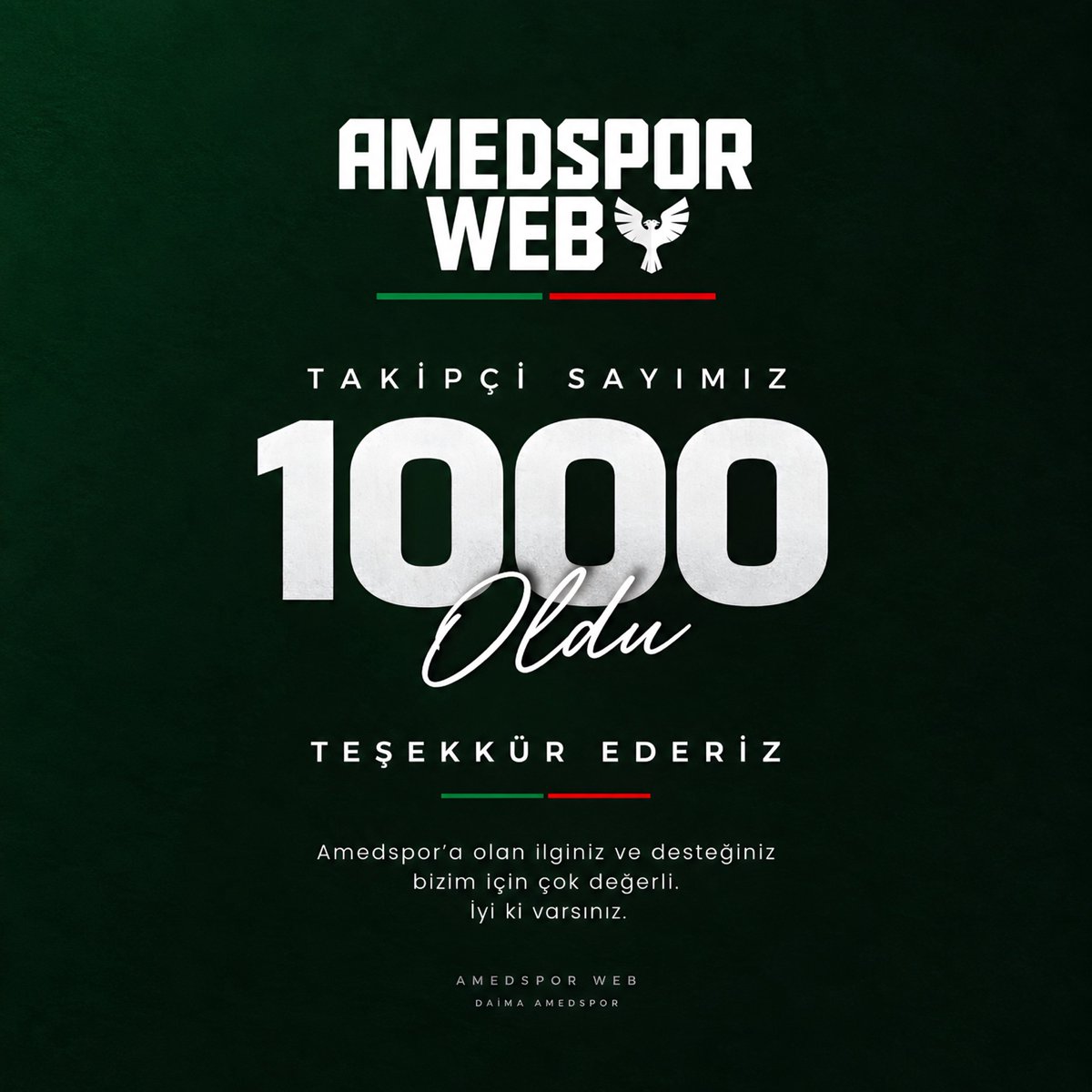 amedsporweb's tweet photo. 1000 TAKİPÇİ! 🟢🔴

Amedspor Web olarak 1000 takipçiye ulaştık.

Kurulduğumuz günden bu yana sayfamıza gösterdiğiniz ilgi ve destek için teşekkür ederiz.

Amedspor’a dair haberleri, gelişmeleri ve gündemi sizlere hızlı, doğru ve güvenilir şekilde aktarmaya devam edeceğiz.

Daha yolun başındayız.