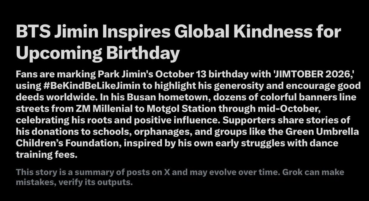 JiminGlobal's tweet photo. Trending: BTS Jimin Inspires Global Kindness for Upcoming Birthday

Celebrating JIMTOBER through #BeKindBeLikeJimin, fans are highlighting Jimin’s charitable legacy and paying his kindness forward through good deeds! ✨

#좋은사람_지민이처럼 https://t.co/Q5bqoJVVP7