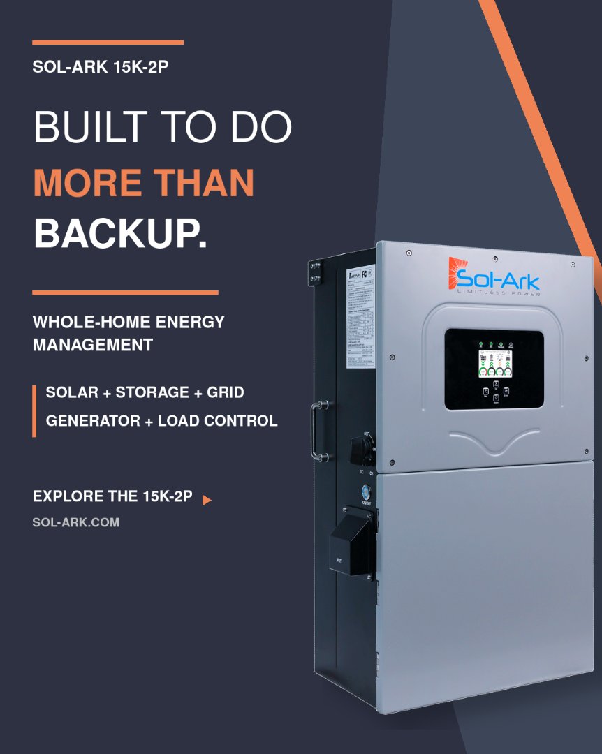 SolArkSolar's tweet photo. Backup is only part of the job.

The Sol-Ark 15K-2P brings solar, battery storage, grid power, generator support, and everyday energy management into one flexible platform.

Learn more: https://t.co/snA4sOfSu2 https://t.co/dyUspmUrXE