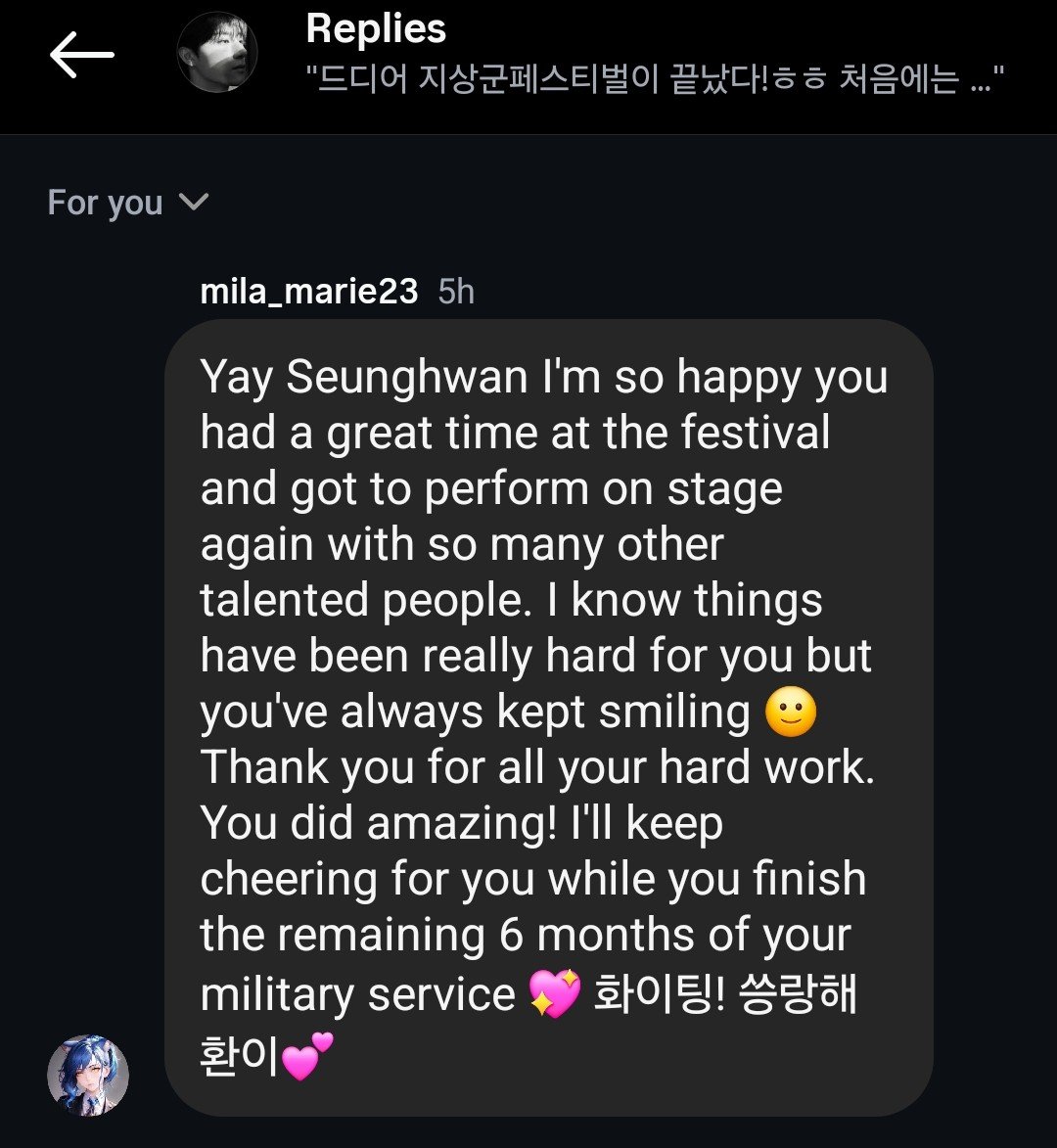 AmiraAi's tweet photo. 승환시 + 🕜 씅랑해 환이🫂💕
Aww Seunghwan's heartfelt thank you message on his Instagram after completing the Ground Forces Festival is so sweet 🥰

I left him a reply message a few hours ago and just made an Instagram story to thank him for his hard work 🙂

Sadly I'm not sure if he'll see any of it this time because he's gained so many new followers, there's alot of messages and he's getting non stop notifications 😅 

Either way, I'm still very proud of him and sending all my love and support 🤗💌💖💕

I joined ATBO Weverse in March 2023 but I only got to know them better once they joined The Crew One in 2024. That was a very rough experience for both groups involved and sadly it didn't get any better for ATBO afterwards. 

Seunghwan was always so kind and supported me well on ATBO Weverse liking my posts 😊💖

I stayed with them until ATBO Weverse closed in mid June of 2025 and continued to support the members who opened their Instagram accounts afterwards.

When Seunghwan suddenly decided to enlist in October of 2025, it was a shock to all of us. I'll never forgive IST for destroying his hopes and their group 😩

It's almost been a year now since he enlisted and I'm so proud of everything he's accomplished 👏 👏 👏 

I'm so happy he at least saw my message and liked my Instagram story on the first day of the festival so he knew I was still here supporting him through everything 🙂

Alot of people are just finding out about him now so they don't know the hardships he endured over the past 2 years. I remember all of it and have been supporting him through it all. That's why I'm so happy for him that he was able to perform on stage again with other very talented people.

I feel like the success from this festival was Seunghwan's redemption from all the hardships he had to endure from IST. I really hope that company sees how badly they fumbled such an incredibly talented individual. 

With his rise in popularity from this festival also comes people who may not be supporting him for the right reasons. Yes he's very handsome but I hope people remember to see beyond his looks and truly admire him for the very talented and wonderful person he is 🙂

There were so many other talented people performing in that festival too. Absolutely amazing 👏 👏 👏 All of them. 

Let's all remember that Seunghwan is a human being who's working hard and respect his privacy, safety and wellbeing while he completes his military service. 

I'll be sad if all of his Instagram content continues to be spammed by people who just think he has a nice looking face and trying to get a reply from an idol 😩

Seunghwan I'll be here continuing to send you genuine love and support while you finish the next 6 months of your military service 🫡💖

In fact, I just left you another message on your Instagram for 승환시 to send love out into the universe for you on your special time 😁✌️

I'm so proud of you 👏🥰
화이팅!
씅랑해 환이💕
#정승환 #jeongseunghwan