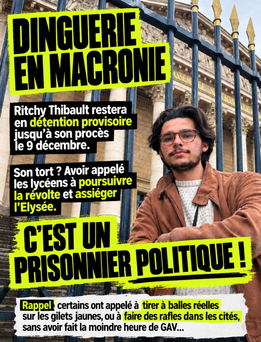 CerveauxNon's tweet photo. Ils veulent faire de Ritchy un exemple. Faisons-en un symbole.

Maintenu en détention pour avoir appelé les lycéens à se révolter, pendant que les appels à la violence d’État restent impunis.

Ritchy n’est pas le problème. La répression est le problème. 

LIBERTÉ POUR RITCHY ! https://t.co/qPn4Agiy7Z