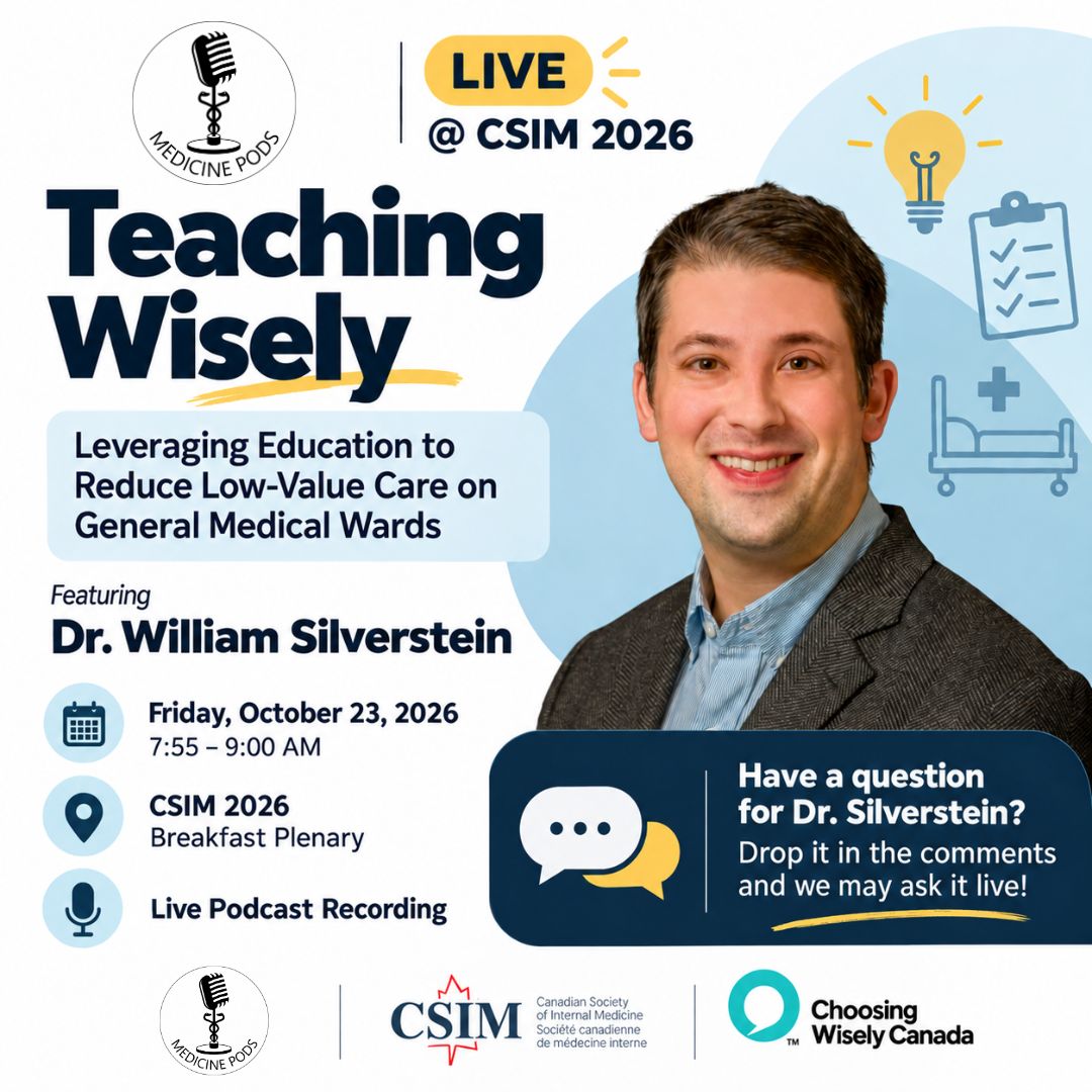 MedicinePods's tweet photo. 🎙️ Medicine Pods is going LIVE at #CSIM2026!
Join us for a live podcast with Dr. William Silverstein:
Teaching Wisely: Leveraging Education to Reduce Low-Value Care on General Medical Wards
📅 Oct 23 | 7:55–9 AM
Have a question? Drop it below! 👇
@WKSilverstein @CSIMSCMI https://t.co/FsvVjdPlBF